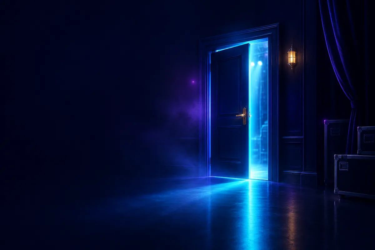 AI-generated illustration of a glowing stage door standing open in a midnight-navy theater corridor
