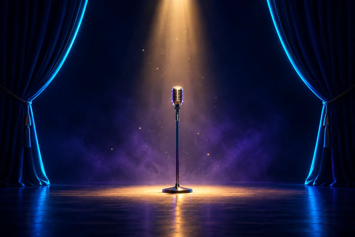 AI-generated illustration of a single microphone waiting under a spotlight on an empty stage