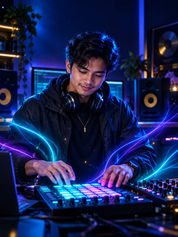 AI-generated illustration of a CRU creative producing music on glowing MIDI pads