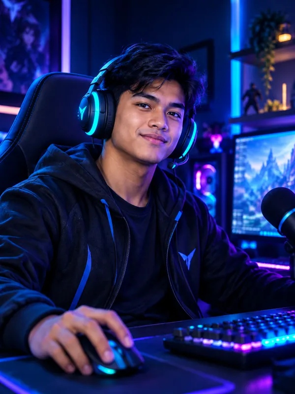 AI-generated illustration of a CRU gamer wearing a glowing headset at a battle station
