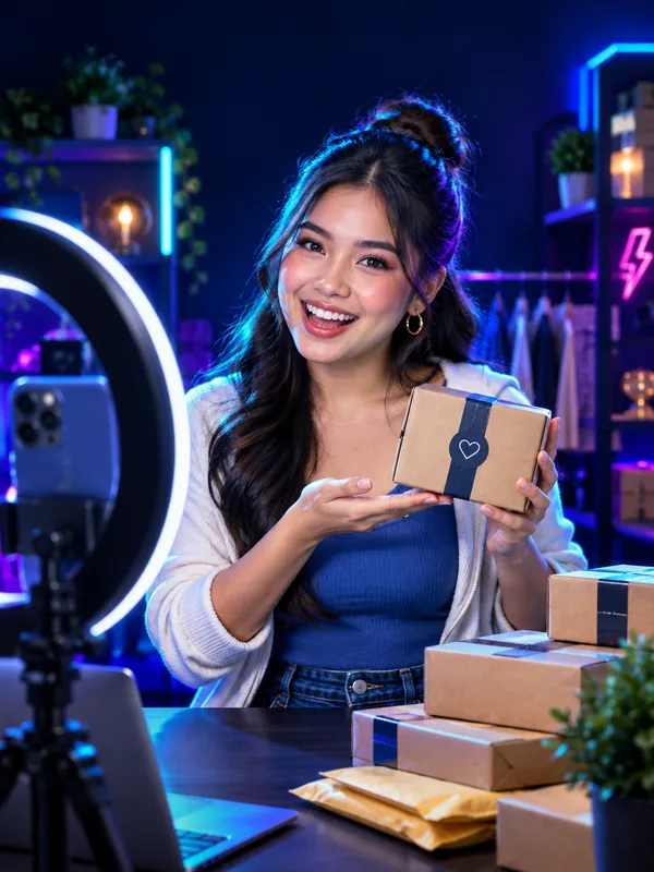 AI-generated illustration of a CRU live seller presenting a parcel on camera