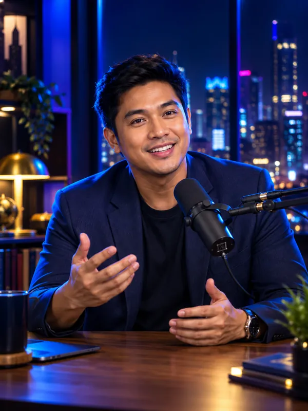 AI-generated illustration of a CRU talk-show host at a broadcast desk