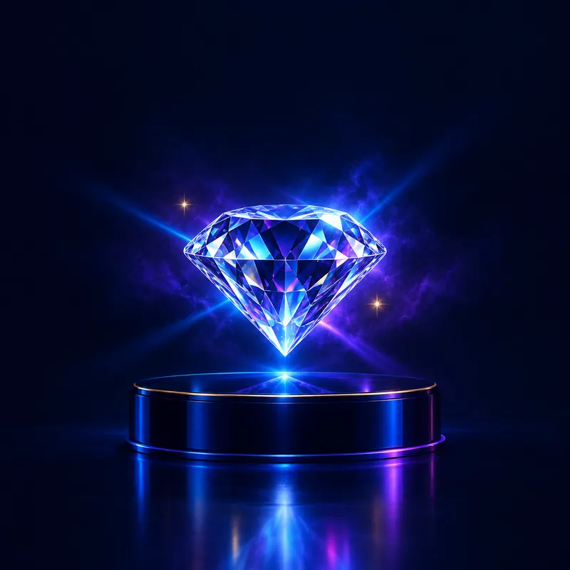 AI-generated illustration of a brilliant diamond floating above a midnight-navy pedestal