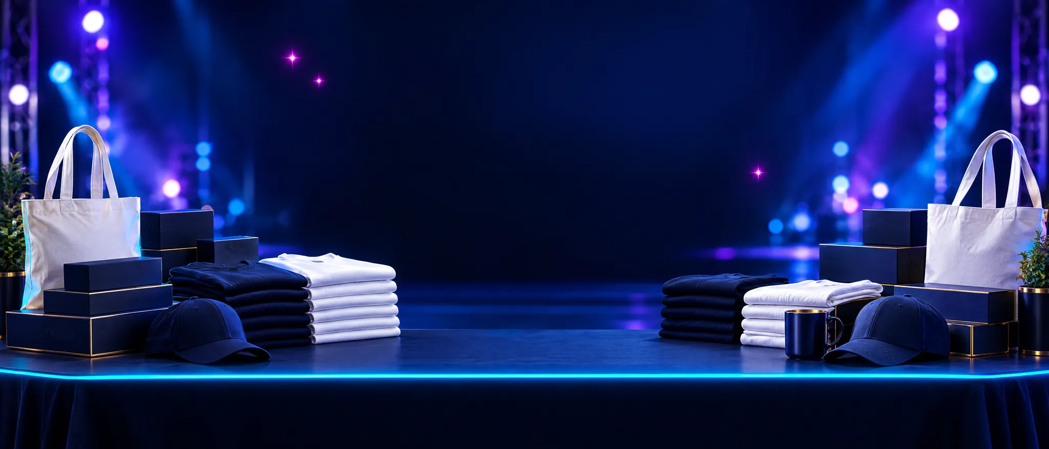 AI-generated illustration of the CRU merch table on a stage under cyan and violet lights